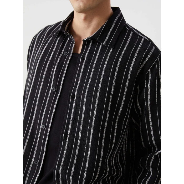 XSIDE SİYAH Regular Fit Uzun Kollu Çizgili Erkek Gömlek