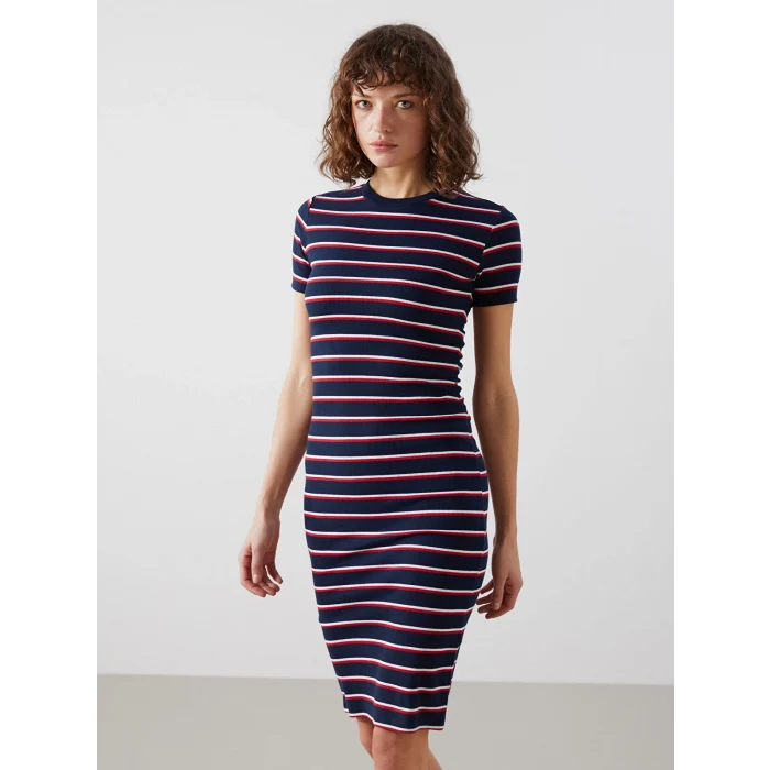 LCW Vision LACİVERT Bisiklet Yaka Çizgili Kadın Elbise