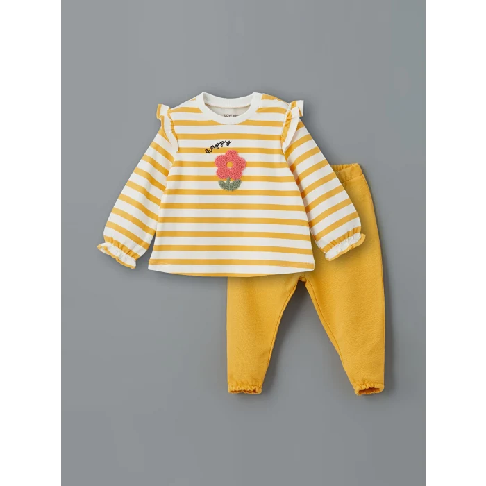 LCW baby EKRU Bisiklet Yaka Çiçekli Kız Bebek Bluz ve Tayt 2li