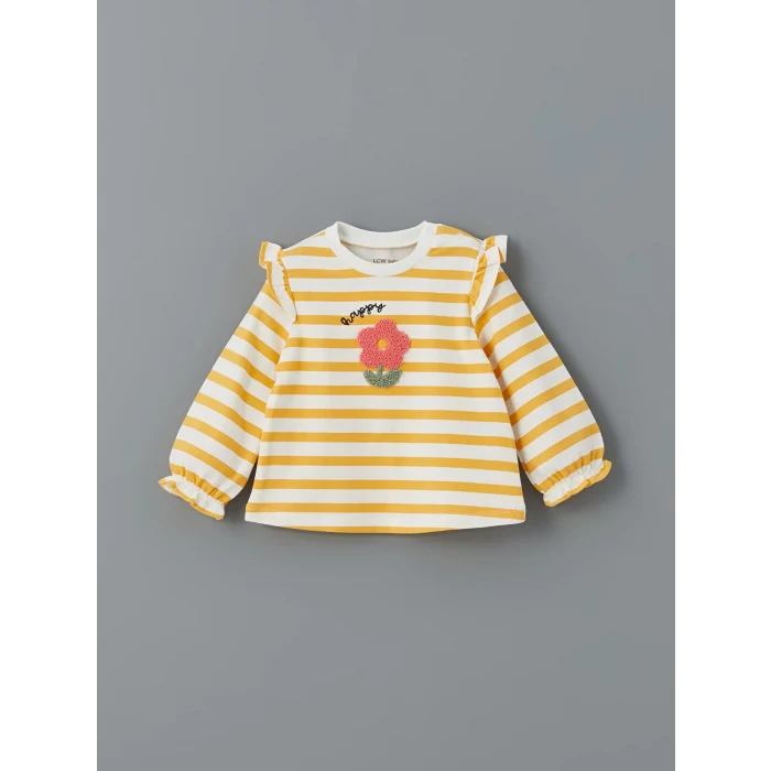 LCW baby EKRU Bisiklet Yaka Çiçekli Kız Bebek Bluz ve Tayt 2li