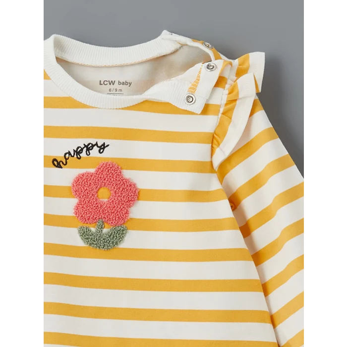 LCW baby EKRU Bisiklet Yaka Çiçekli Kız Bebek Bluz ve Tayt 2li