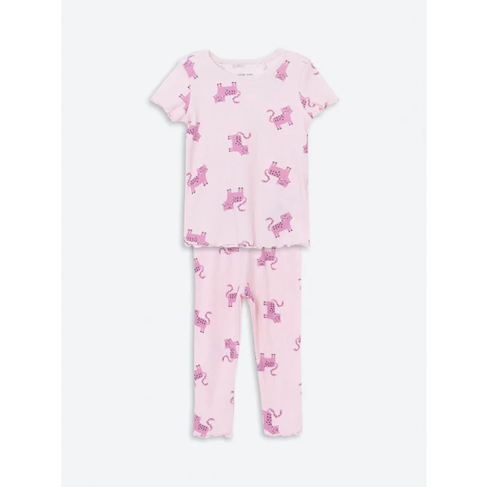 LCW baby PEMBE Bisiklet Yaka Baskılı Kız Bebek Pijama Takım
