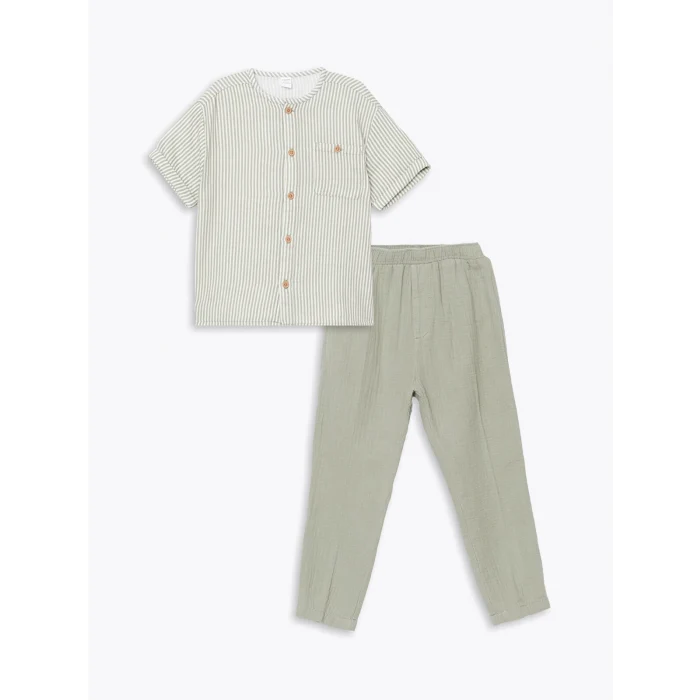 LCW Kids EKRU Hakim Yaka Çizgili Erkek Çocuk Gömlek ve Pantolon 2li
