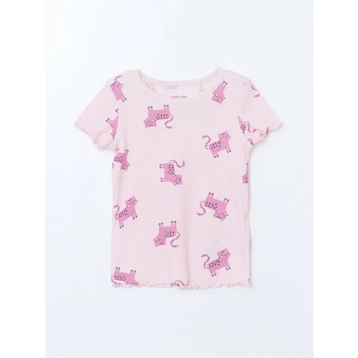 LCW baby PEMBE Bisiklet Yaka Baskılı Kız Bebek Pijama Takım