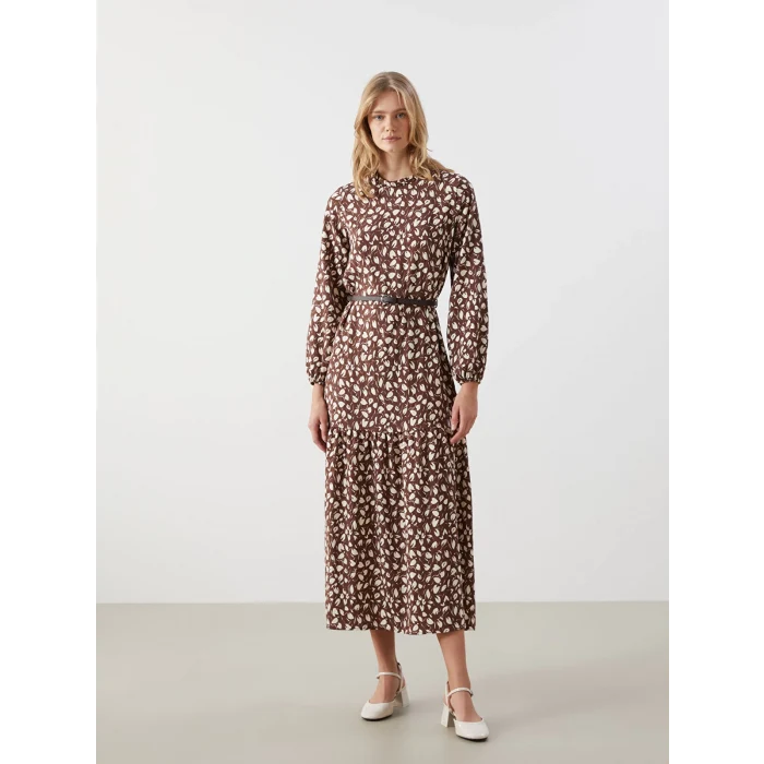 LCW Modest KAHVERENGİ Dik Yaka Desenli Kadın Elbise
