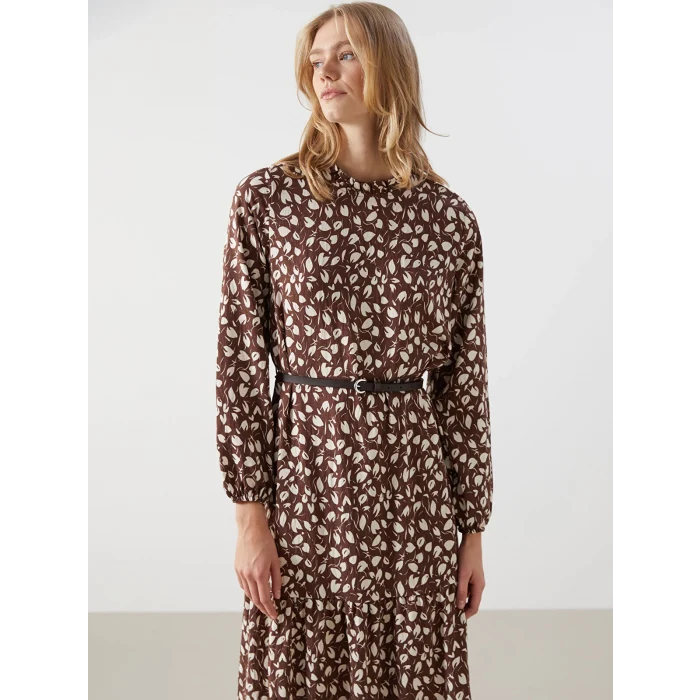 LCW Modest KAHVERENGİ Dik Yaka Desenli Kadın Elbise