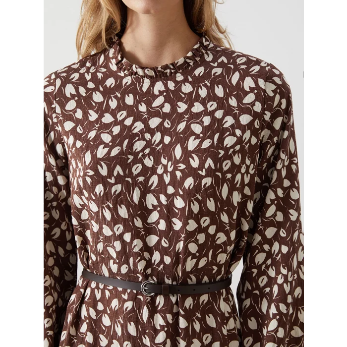 LCW Modest KAHVERENGİ Dik Yaka Desenli Kadın Elbise