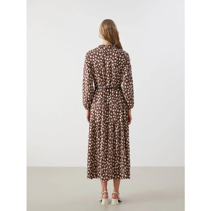 LCW Modest KAHVERENGİ Dik Yaka Desenli Kadın Elbise