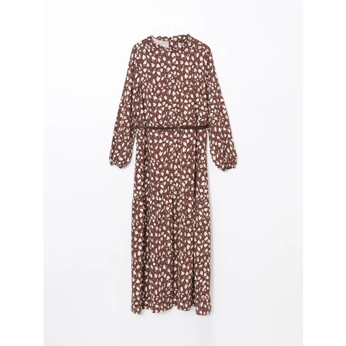 LCW Modest KAHVERENGİ Dik Yaka Desenli Kadın Elbise