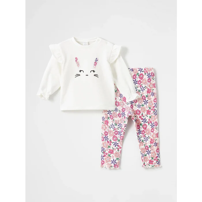 LCW baby EKRU Bisiklet Yaka Çiçekli Kız Bebek Bluz ve Tayt 2li Takım