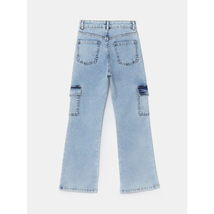 LCW Kids MAVİ Beli Ayarlanabilir Lastikli Kız Çocuk Kargo Jean Pantolon