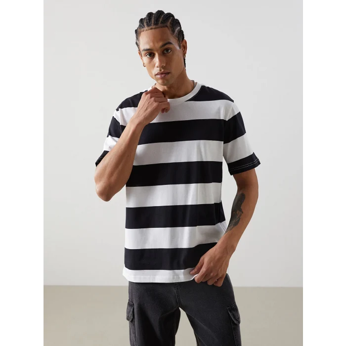 XSIDE SİYAH Bisiklet Yaka Kısa Kollu Çizgili Penye Erkek Tişört
