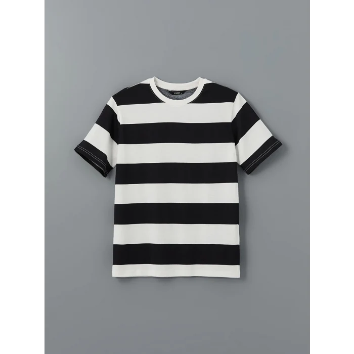 XSIDE SİYAH Bisiklet Yaka Kısa Kollu Çizgili Penye Erkek Tişört