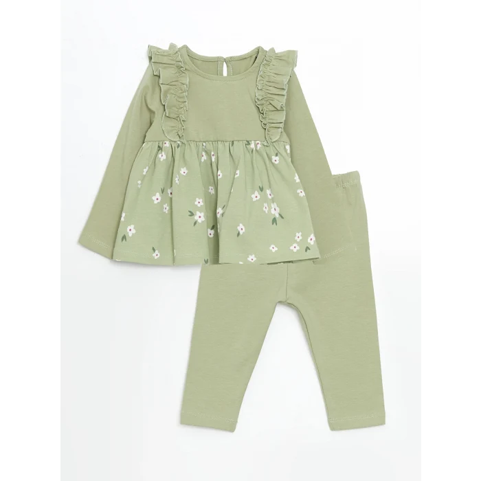 LCW baby YEŞİL Bisiklet Yaka Çiçekli Kız Çocuk Bluz ve Tayt 2li