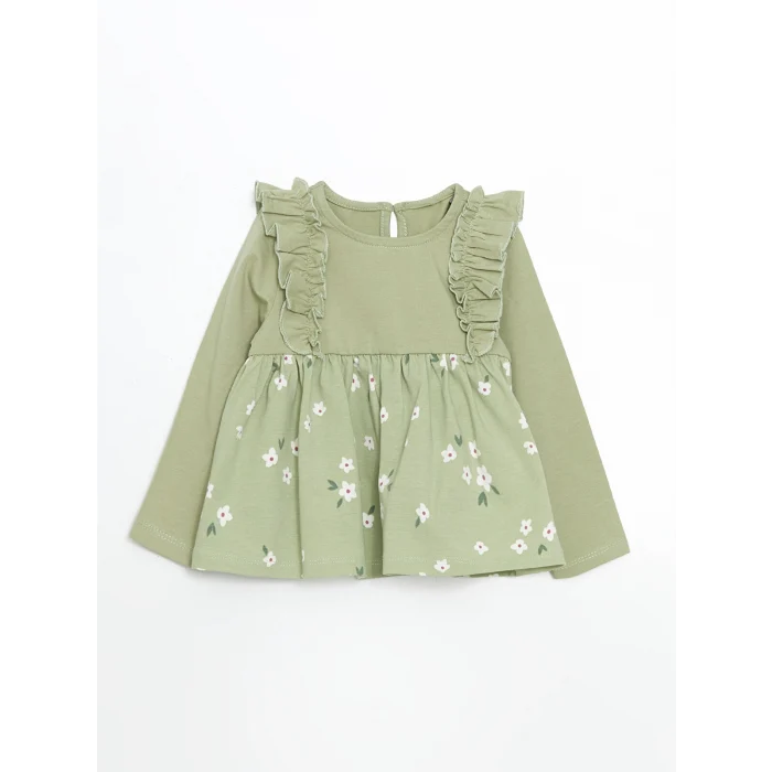 LCW baby YEŞİL Bisiklet Yaka Çiçekli Kız Çocuk Bluz ve Tayt 2li