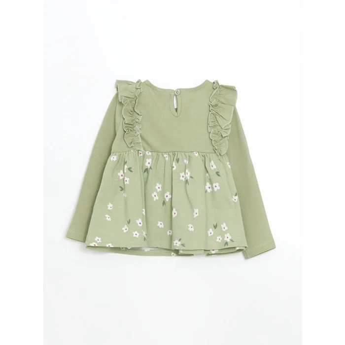 LCW baby YEŞİL Bisiklet Yaka Çiçekli Kız Çocuk Bluz ve Tayt 2li