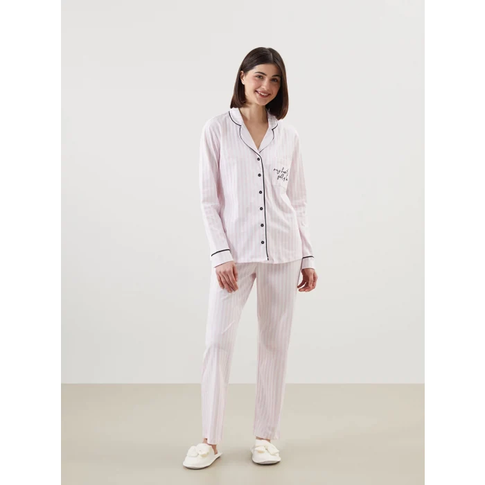 LCW DREAM EKRU Gömlek Yaka Nakışlı Kadın Pijama Takımı