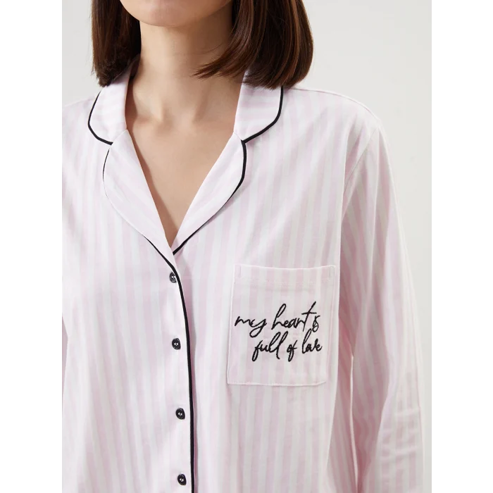 LCW DREAM EKRU Gömlek Yaka Nakışlı Kadın Pijama Takımı