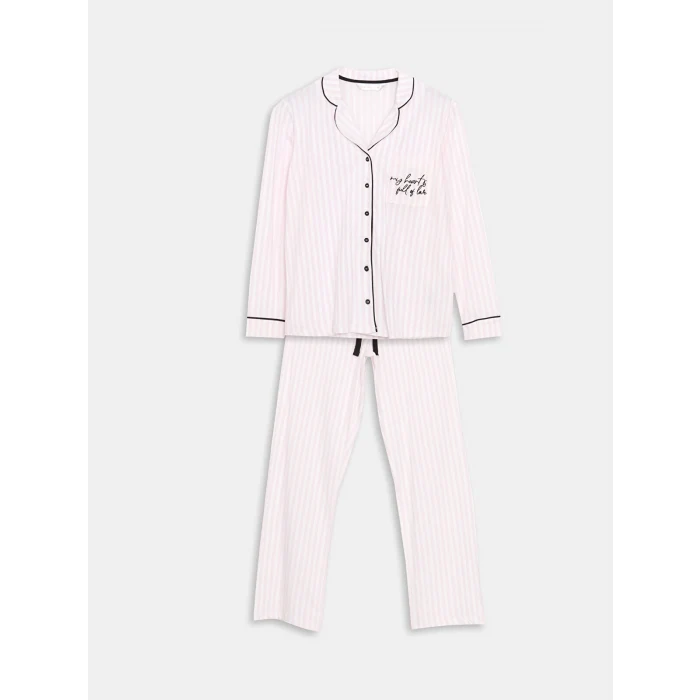 LCW DREAM EKRU Gömlek Yaka Nakışlı Kadın Pijama Takımı