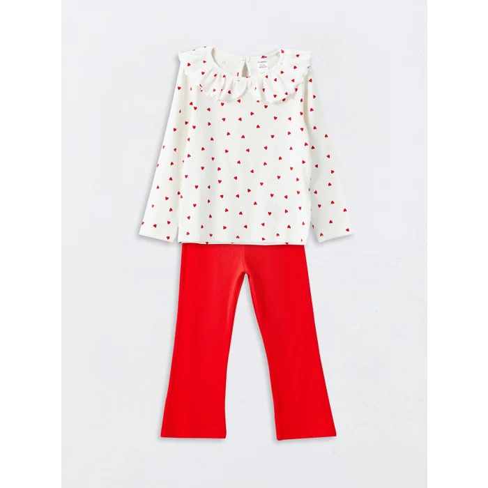 LCW Kids EKRU Bisiklet Yaka Baskılı Kız Çocuk Bluz ve Tayt Pantolon 2li