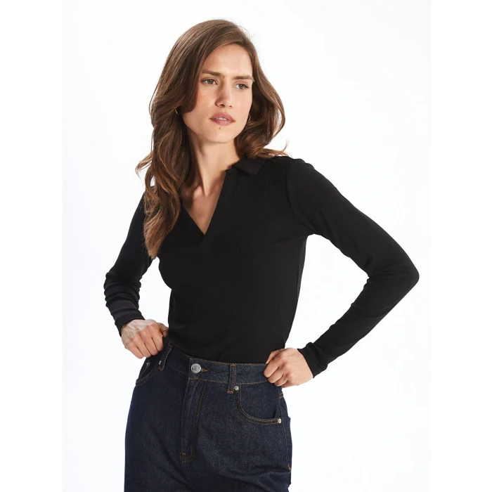 LCWAIKIKI Classic SİYAH Polo Yaka Düz Uzun Kollu Kadın Body