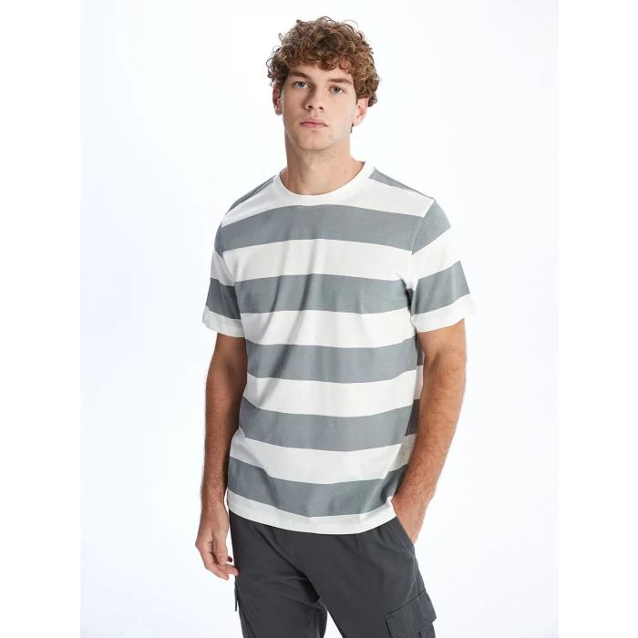 XSIDE GRİ Bisiklet Yaka Kısa Kollu Çizgili Penye Erkek Tişört