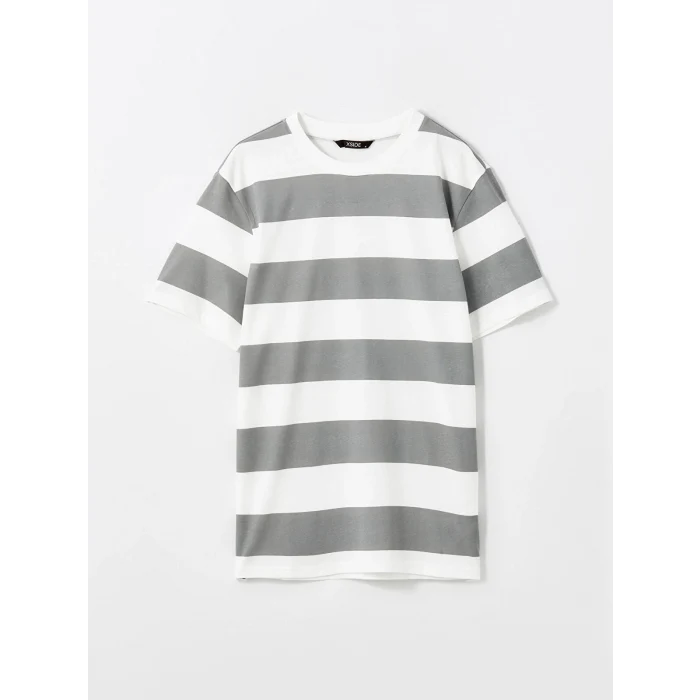 XSIDE GRİ Bisiklet Yaka Kısa Kollu Çizgili Penye Erkek Tişört