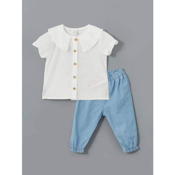 LCW baby EKRU Bisiklet Yaka Kız Bebek Basic Bluz ve Pantolon 2li