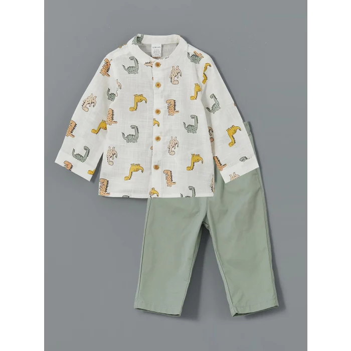 LCW baby EKRU Baskılı Erkek Bebek Gömlek ve Pantolon 2li