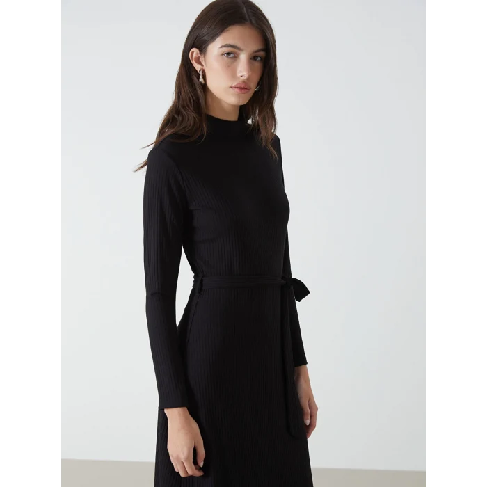 LCWAIKIKI Classic SİYAH Dik Yaka Dokulu Kadın Elbise
