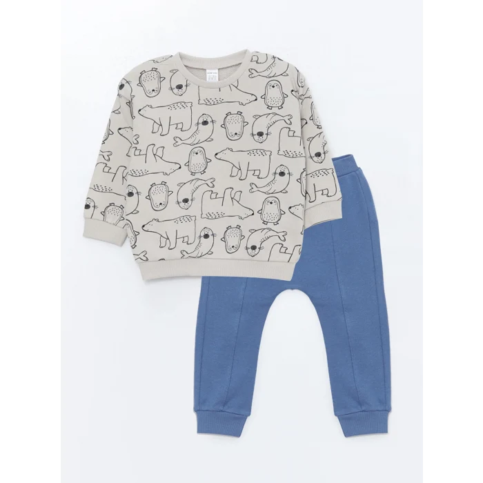 LCW baby GRİ Bisiklet Yaka Erkek Bebek Sweatshirt ve Pantolon 2li Takım