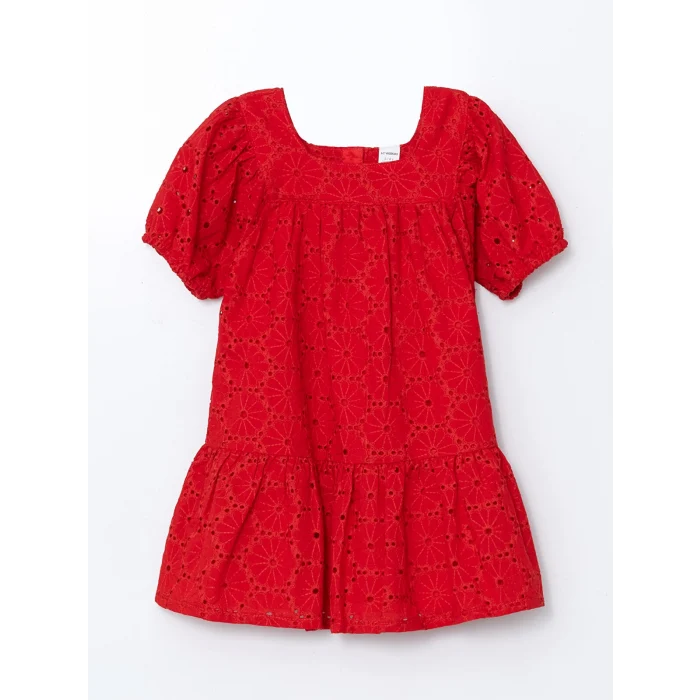 LCW Kids KIRMIZI Basic Dantel Brodeli Kız Çocuk Elbise