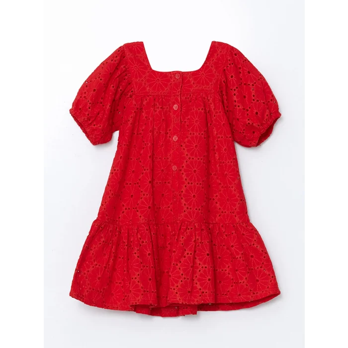 LCW Kids KIRMIZI Basic Dantel Brodeli Kız Çocuk Elbise