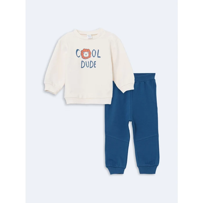 LCW baby EKRU Bisiklet Yaka Baskılı Erkek Bebek Sweatshirt ve Eşofman Alt 2li