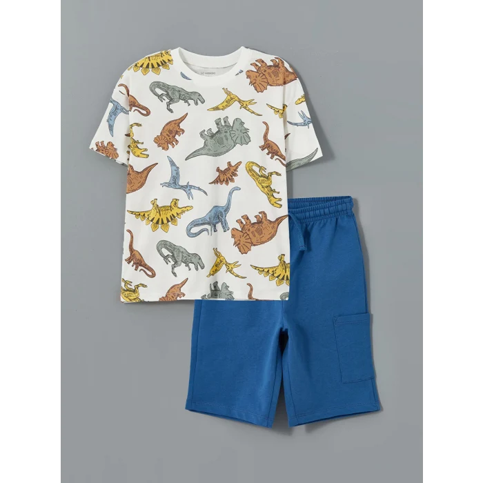 LCW Kids EKRU Bisiklet Yaka Dinazor Baskılı Erkek Çocuk Tişört ve Şort 2li