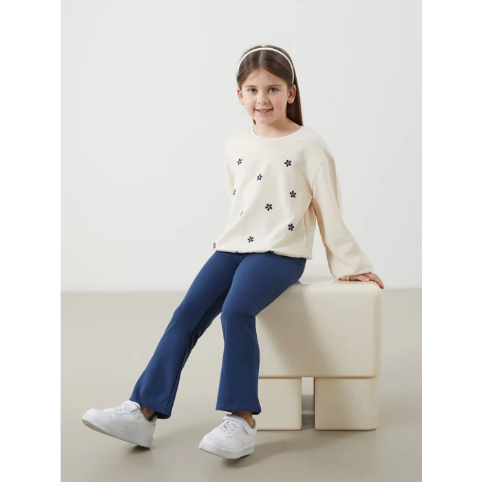 LCW Kids BEJ Bisiklet Yaka Çiçekli Kız Çocuk Sweatshirt ve Tayt Pantolon 2li