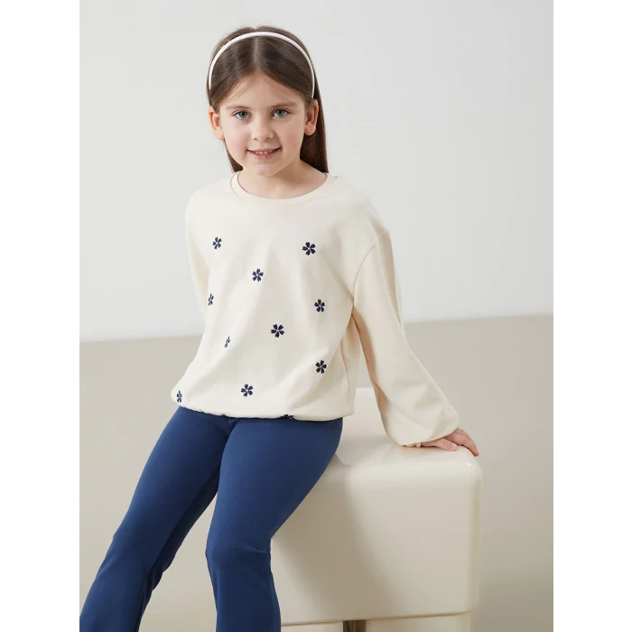 LCW Kids BEJ Bisiklet Yaka Çiçekli Kız Çocuk Sweatshirt ve Tayt Pantolon 2li