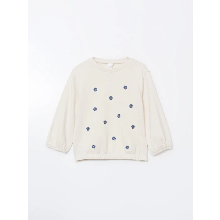 LCW Kids BEJ Bisiklet Yaka Çiçekli Kız Çocuk Sweatshirt ve Tayt Pantolon 2li