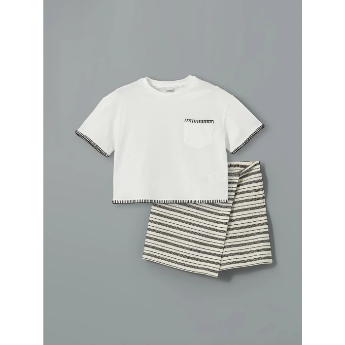 LCW Kids EKRU Bisiklet Yaka Kız Çocuk Tişört ve Şort Etek