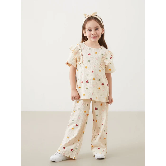 LCW Kids EKRU Bisiklet Yaka Çiçekli Kız Çocuk Bluz ve Pantolon 2li