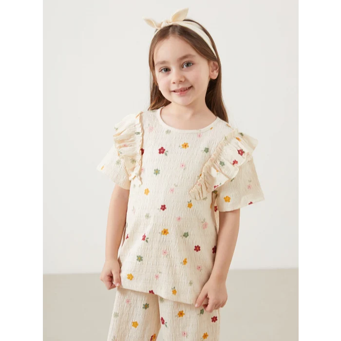 LCW Kids EKRU Bisiklet Yaka Çiçekli Kız Çocuk Bluz ve Pantolon 2li