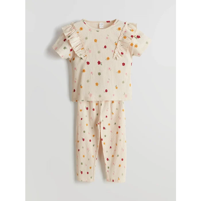 LCW Kids EKRU Bisiklet Yaka Çiçekli Kız Çocuk Bluz ve Pantolon 2li