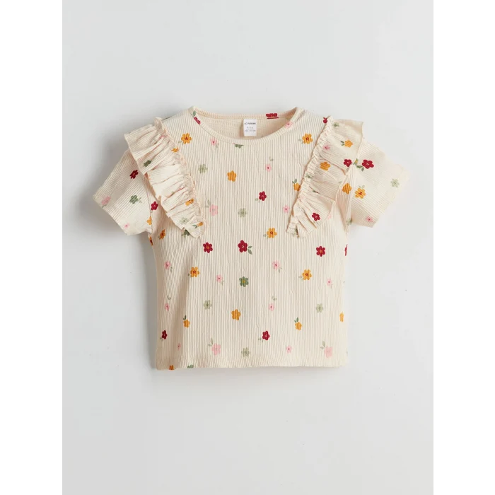 LCW Kids EKRU Bisiklet Yaka Çiçekli Kız Çocuk Bluz ve Pantolon 2li