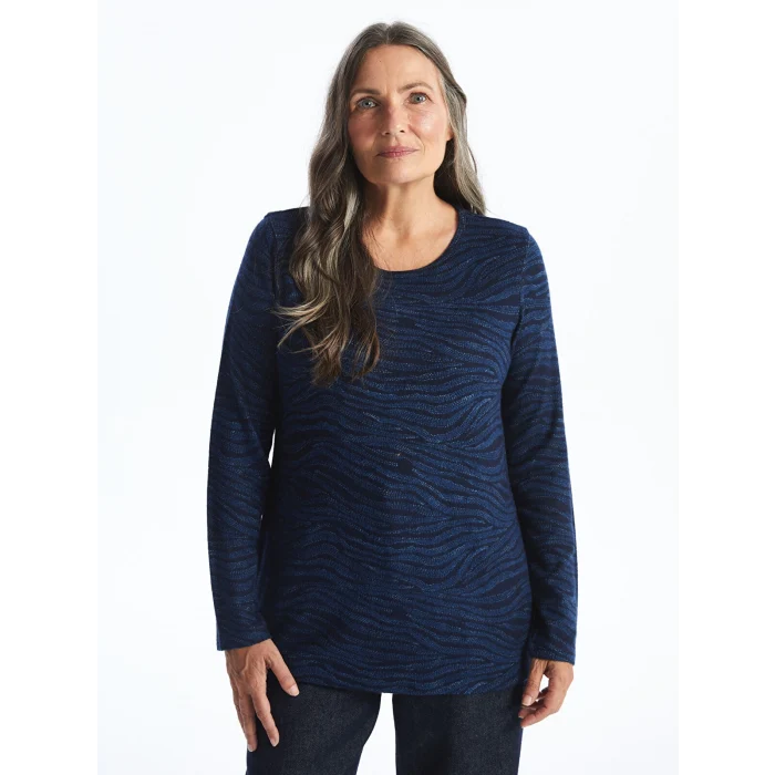 LC WAIKIKI LACİVERT Bisiklet Yaka Desenli Uzun Kollu Kadın Bluz