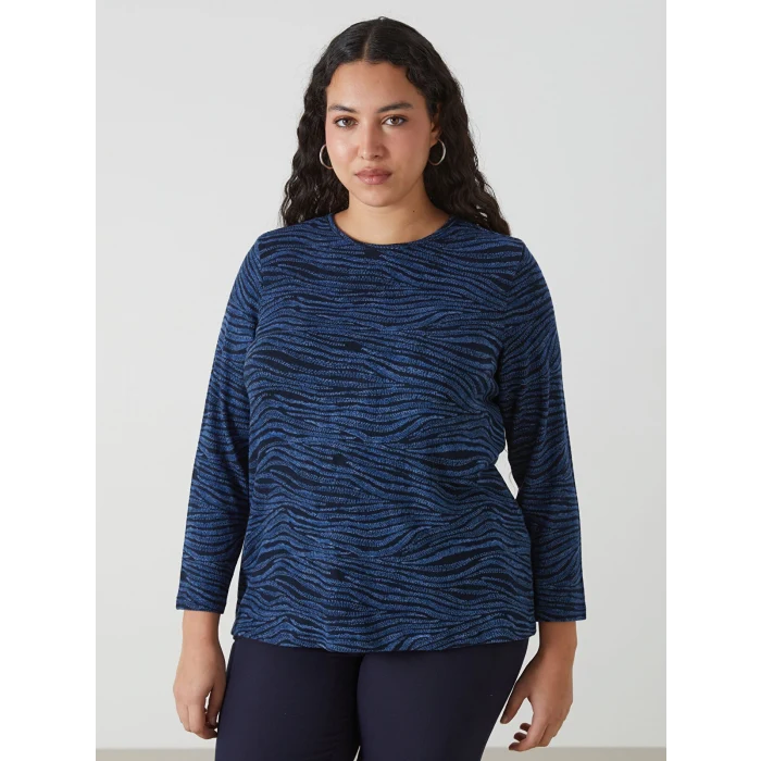 LC WAIKIKI LACİVERT Bisiklet Yaka Desenli Uzun Kollu Kadın Bluz