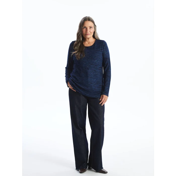 LC WAIKIKI LACİVERT Bisiklet Yaka Desenli Uzun Kollu Kadın Bluz