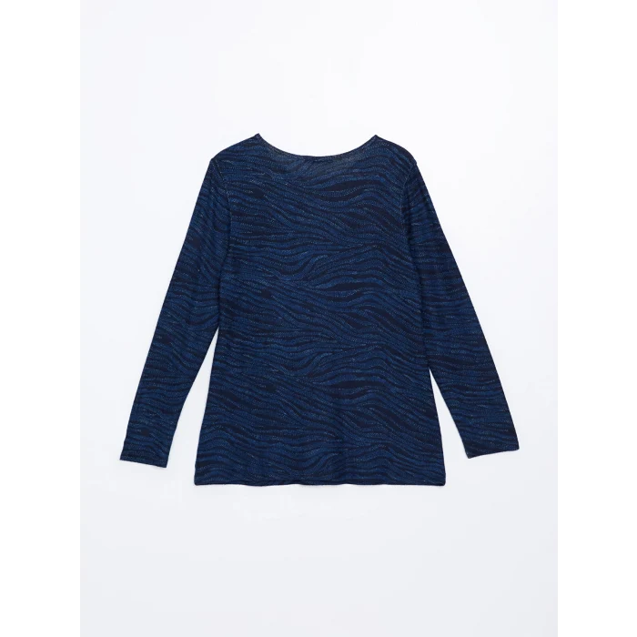 LC WAIKIKI LACİVERT Bisiklet Yaka Desenli Uzun Kollu Kadın Bluz