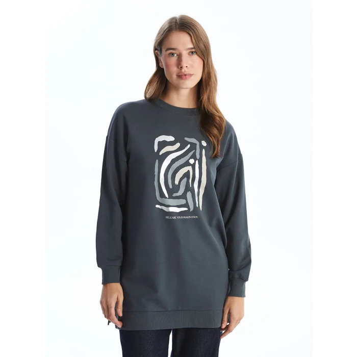 LCW Modest ANTRASİT Bisiklet Yaka Baskılı Oversize Kadın Sweatshirt Tunik