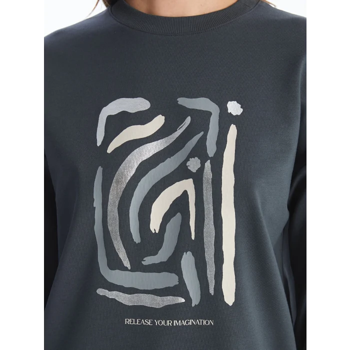 LCW Modest ANTRASİT Bisiklet Yaka Baskılı Oversize Kadın Sweatshirt Tunik