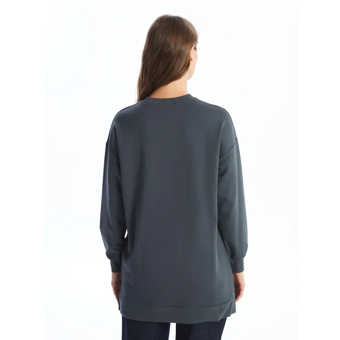 LCW Modest ANTRASİT Bisiklet Yaka Baskılı Oversize Kadın Sweatshirt Tunik